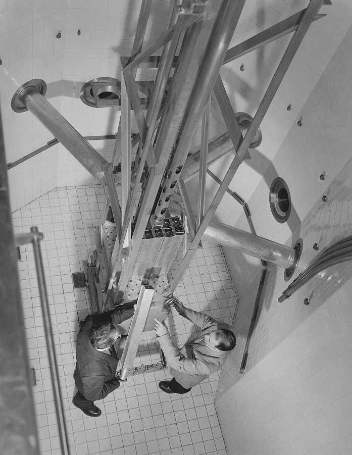 Overhead view of the McMaster Nuclear Reactor pool floor with control rods extending upwards.