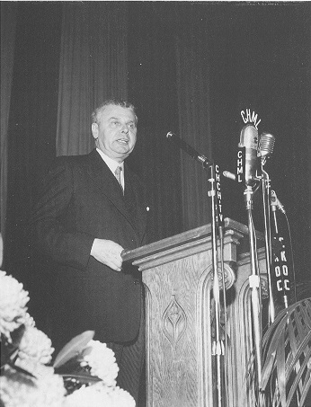 Prime Minister Diefenbaker speaks at the opening ceremony of McMaster Nuclear Reactor.