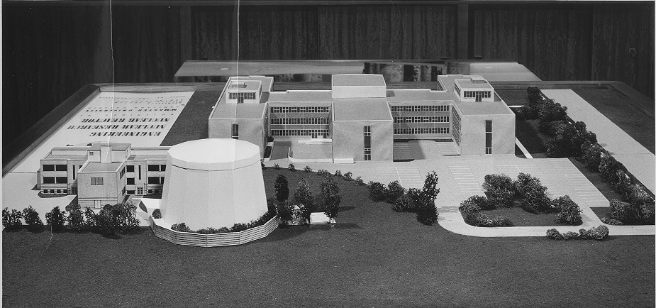 Scale model of mcmaster nuclear reactor and nuclear research building.