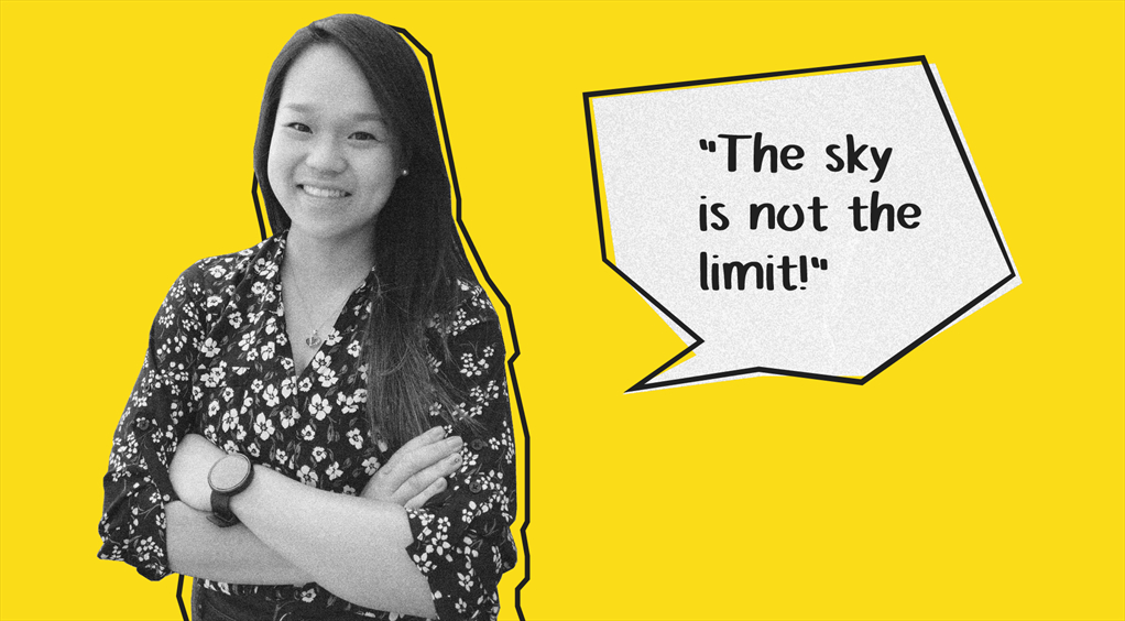 Photo of Erica Dao with text bubble that says "the sky is not the limit"
