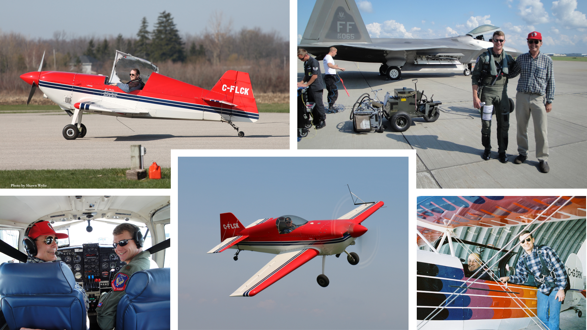 Photo collage of pilot with small engine aircraft.
