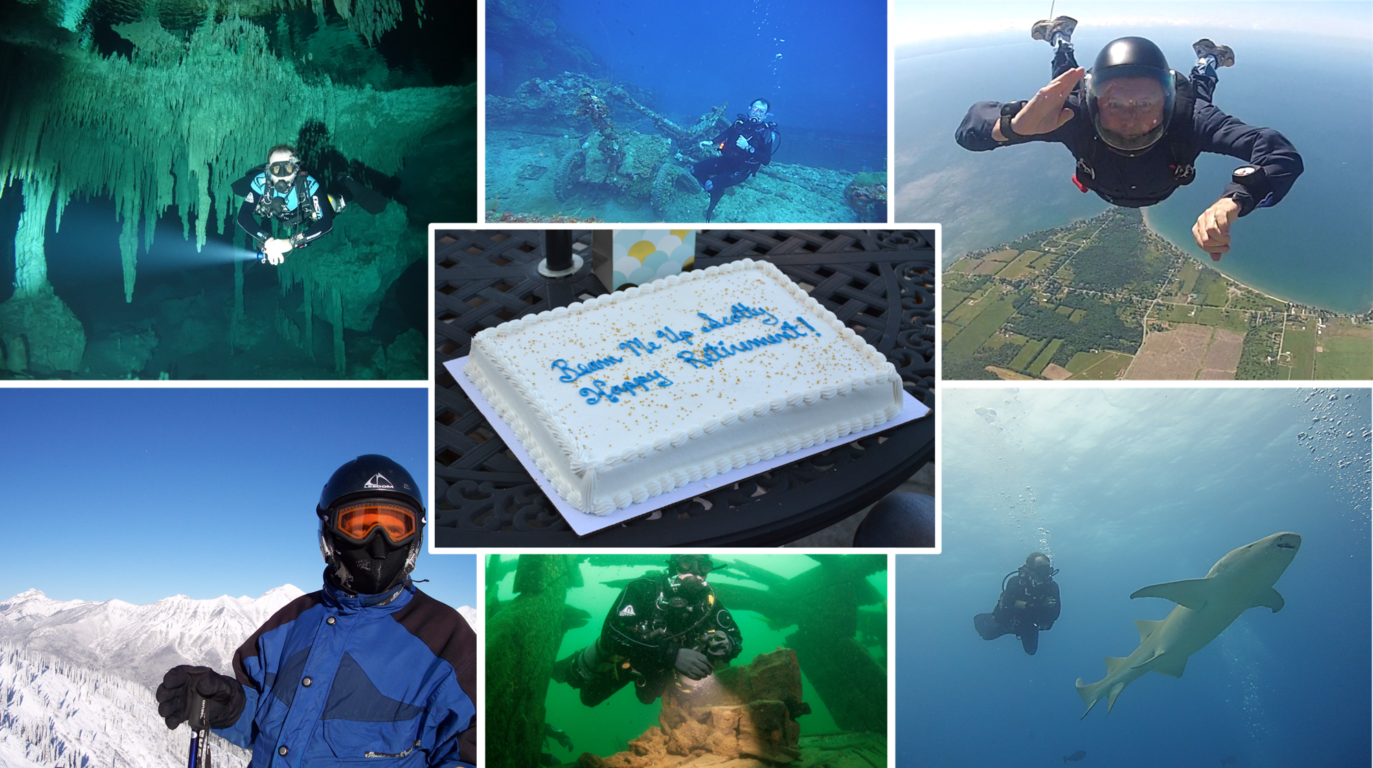 Photo collage showing a man skiing, skydiving, swimming with a shark and scuba diving.