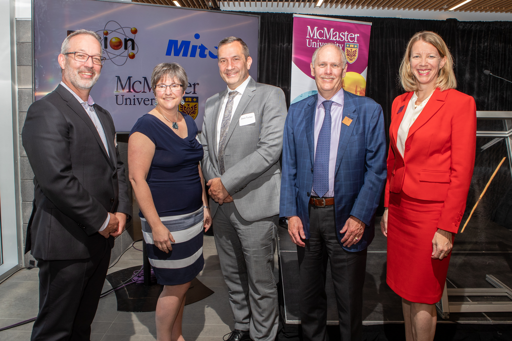 John Valliant, Fusion Pharmaceuticals CEO and McMaster professor; Karen Mossman, vice-president, research; Dave Tucker, assistant vice-president research, nuclear; David Farrar, president and vice-chancellor; and Maureen MacDonald, dean, Faculty of Science at the partnership launch event.