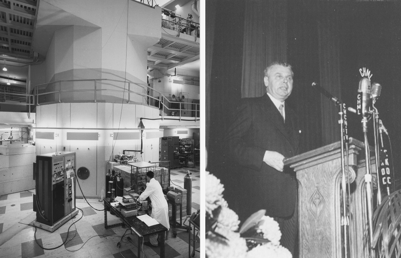 A researcher working inside the reactor in 1959; Prime Minister Diefenbaker speaking at a podium.