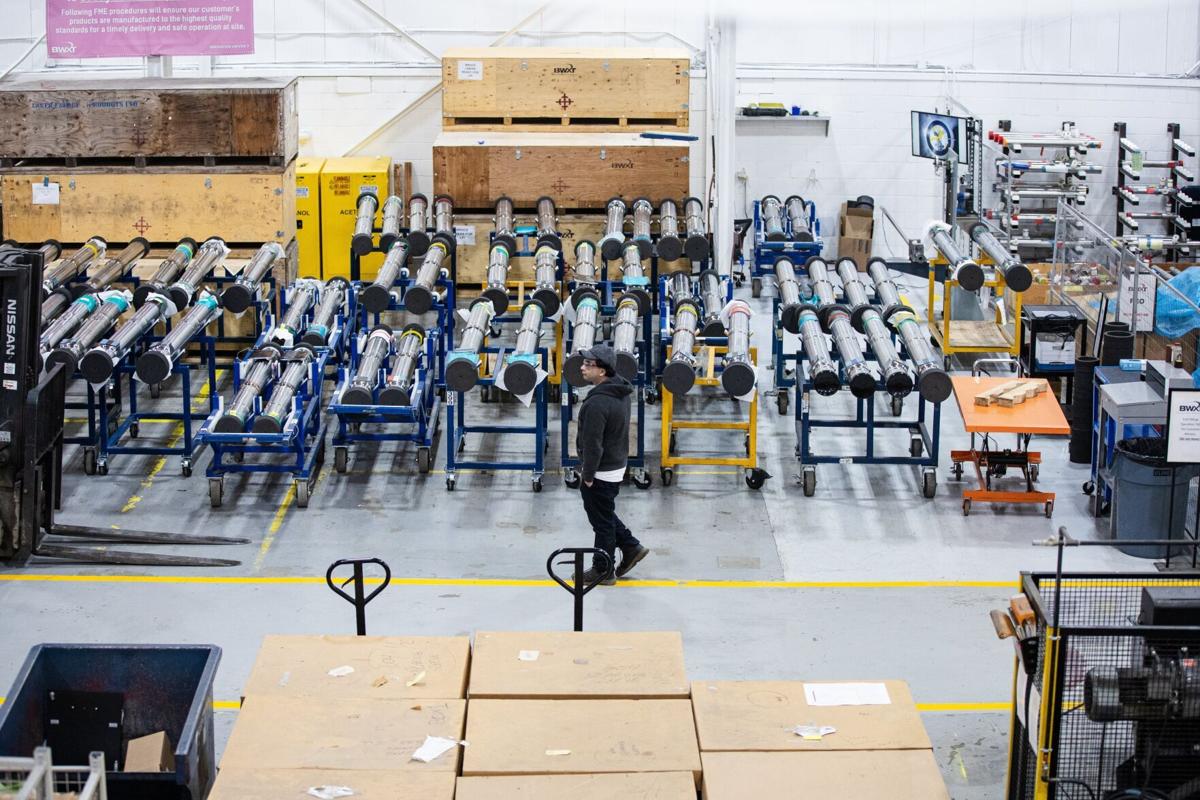 Nuclear power plant parts in a warehouse.